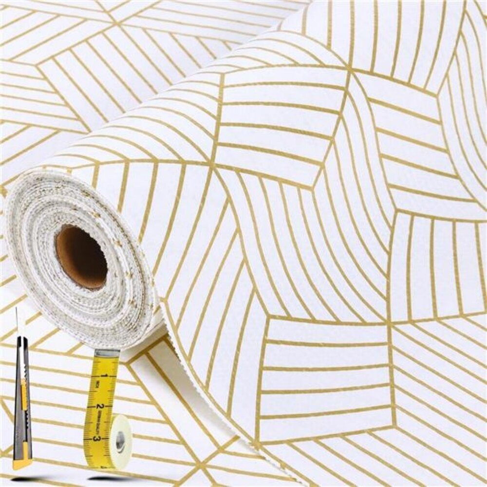 Gold Geometric Shelf Liner 12x20ft Non Slip Kitchen Cabinet Drawer Liner Durable